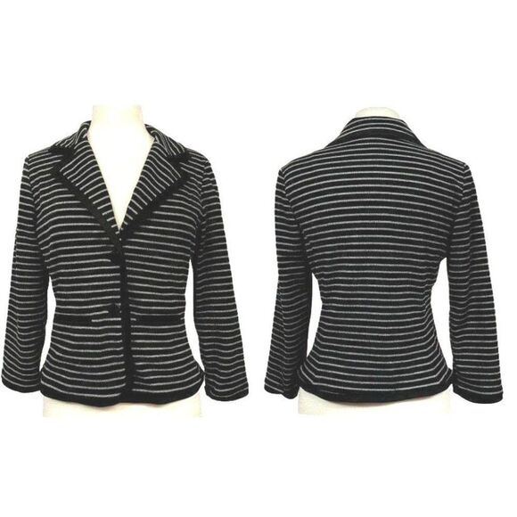 Sandro Studio Sz S Black & Gray Striped Semi-Fitted Shorter Length Jacket Blazer - Picture 1 of 7